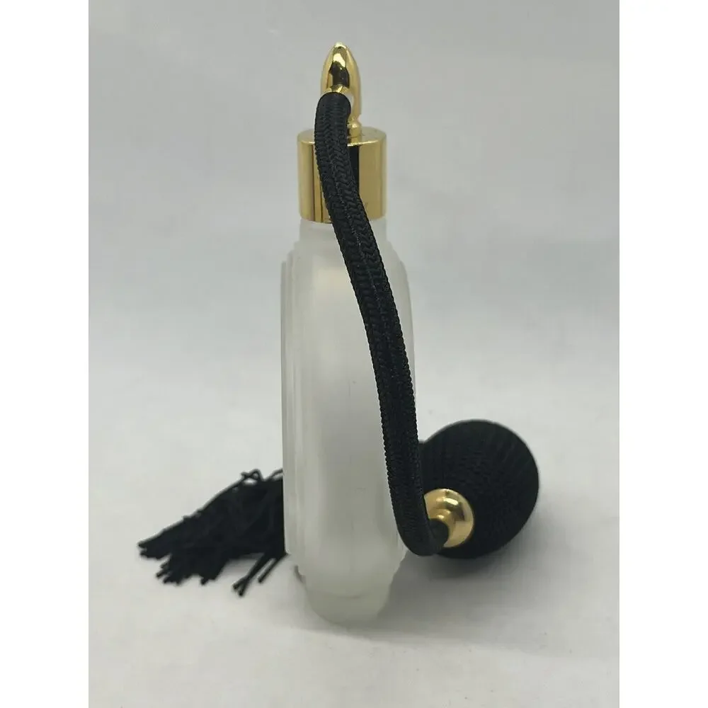 Vintage Heavy Solid Glass Flat Round Etched Cut Rose Perfume Bottle Atomizer